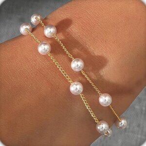 Brand New Pearl and Gold Stacked Wrapped Bracelet